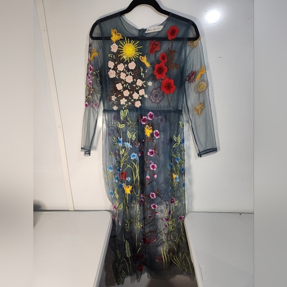 Famous Blueoxy Floral Embroidered Sheer Dress, Size Large - Picture 1 of 7